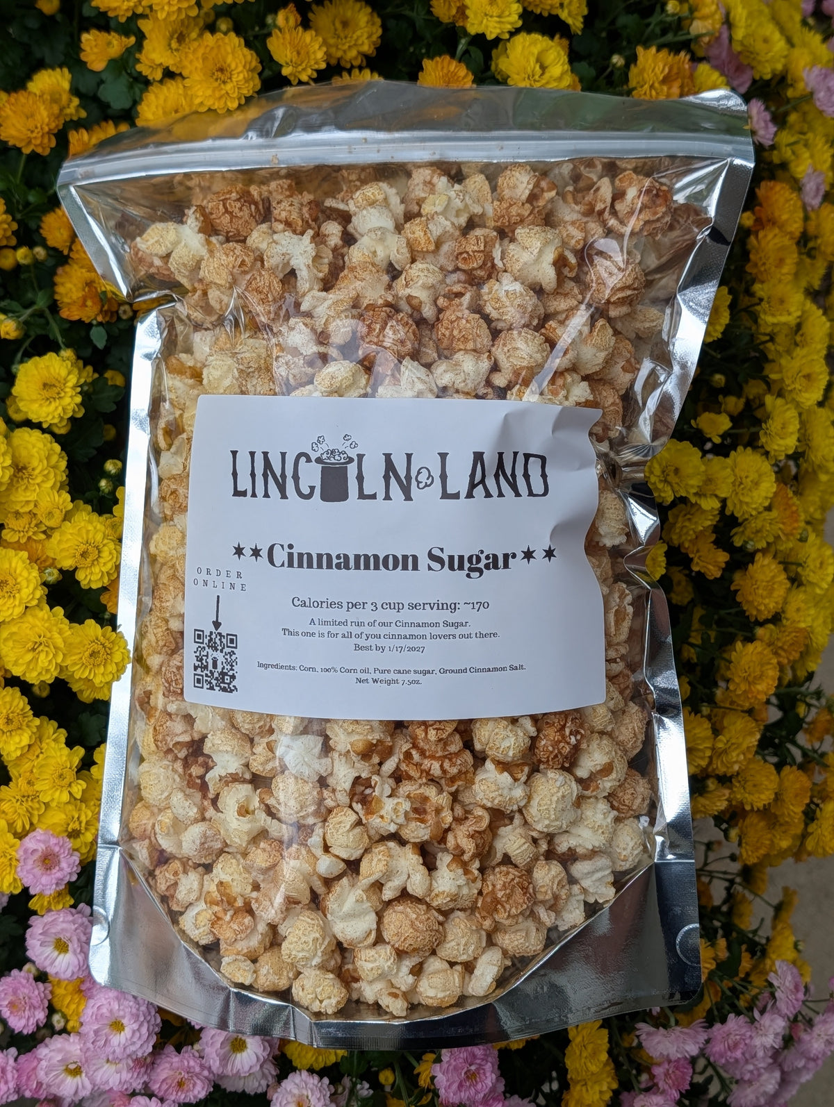 Limited-edition Lincoln Land Cinnamon Sugar kettle corn, a customer favorite in a resealable bag.